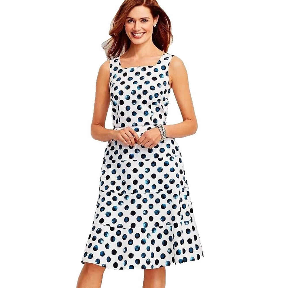 Talbots White & Blue Polkadot Fit + Flare Midi Sundress - Sz. 16